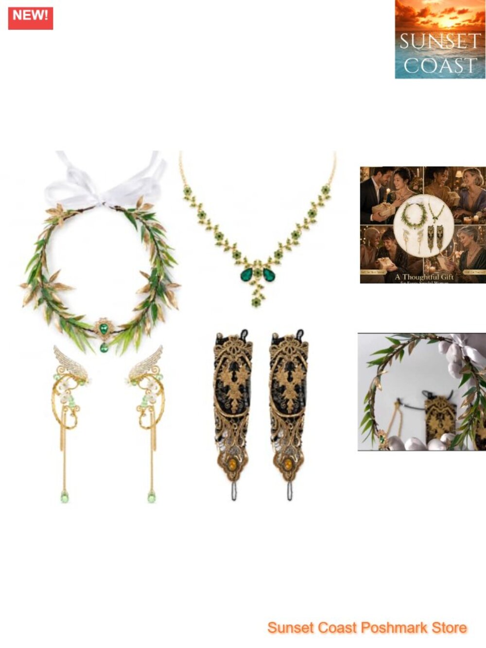 4 Pc Fairy Elf Accessory Set: Flower Crown, Elf Ear Cuffs, Lace Gloves, Necklace